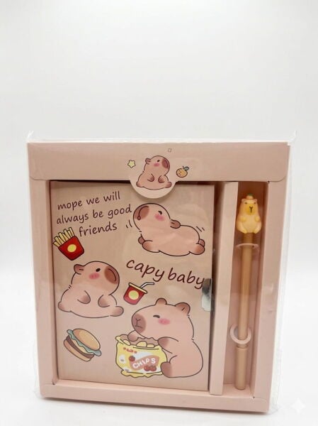 Taros Capybara Temalı Kilitli Not Defteri ve Kalem Seti