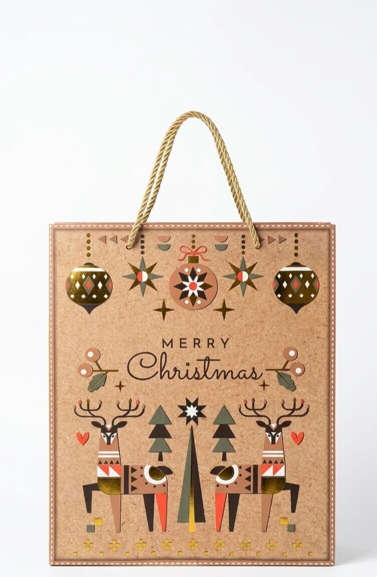 Taros Yılbaşı Özel Tasarım Geyik Figürlü Kraft Karton Poşet