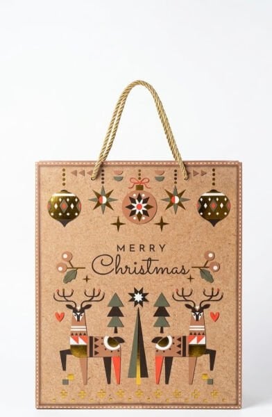 Taros Yılbaşı Özel Tasarım Geyik Figürlü Kraft Karton Poşet