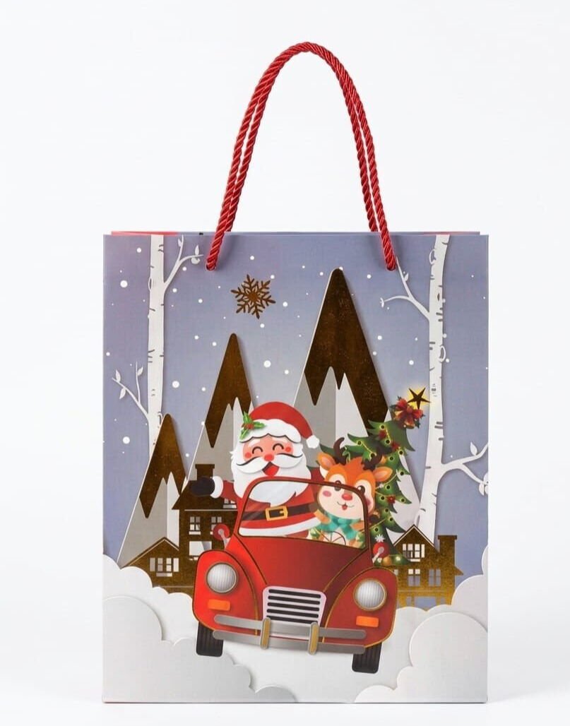 Taros Noelli ve Geyikli Kırmızı Arabalı Yılbaşı Hediye Poşeti