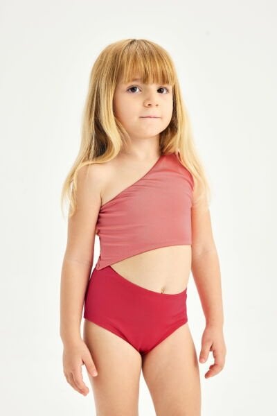 PERALINA Charlotte Tek Omuzlu Pembe Kırmızı Çocuk Mayo