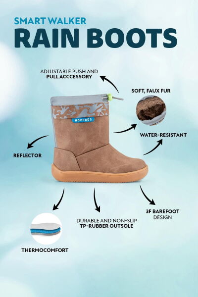 HOPFRÖG KIDS Rain Boots Kahverengi Meşe Suya ve Soğuğa Dayanıklı Barefoot Çocuk Botu