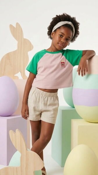 Miela Kids Jam Kontrast Detaylı Kız Çocuk Oversize Crop Tişört