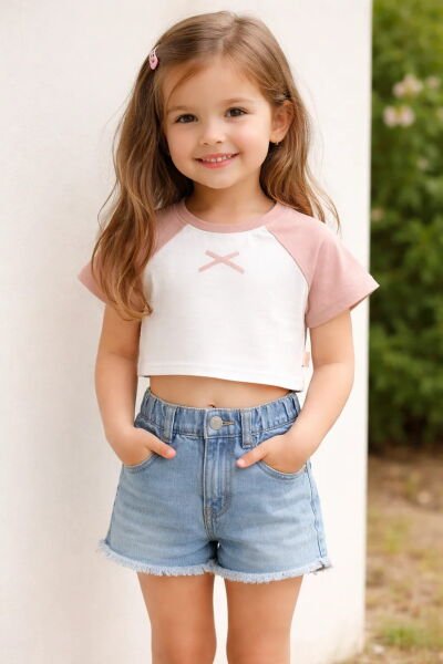 Miela Kids Kurdela Detaylı Kontrast Oversize Crop Tişört