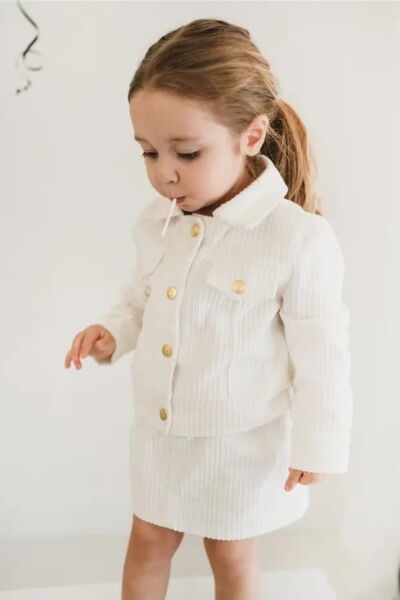 MON ICONE Kız Çocuk Kadife Ekru Alt Üst 2'li Takım Ceket Etek